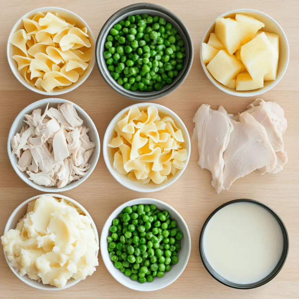 Flat lay of fresh ingredients for chicken noodle soup over mashed potatoes including peas, potatoes, noodles, chicken, and milk
