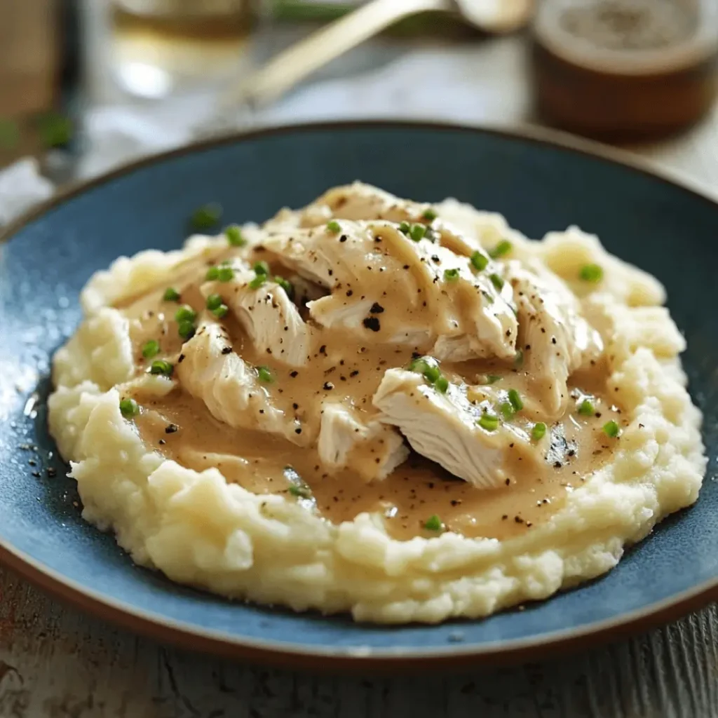 Creamy chicken noodle soup served over mashed potatoes and topped with gravy and chives