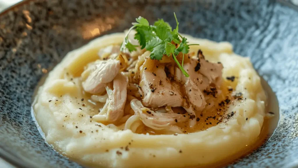 Elegant presentation of chicken noodle soup served over mashed potatoes, garnished with fresh herbs