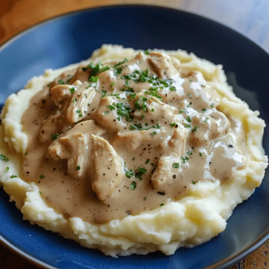 Bowl of creamy chicken noodle soup served over mashed potatoes and garnished with chopped parsley